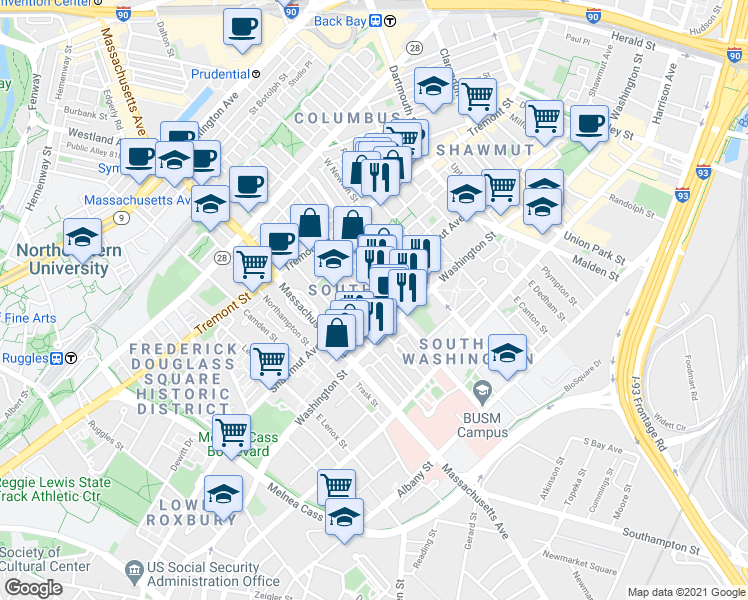 map of restaurants, bars, coffee shops, grocery stores, and more near 97 West Concord Street in Boston