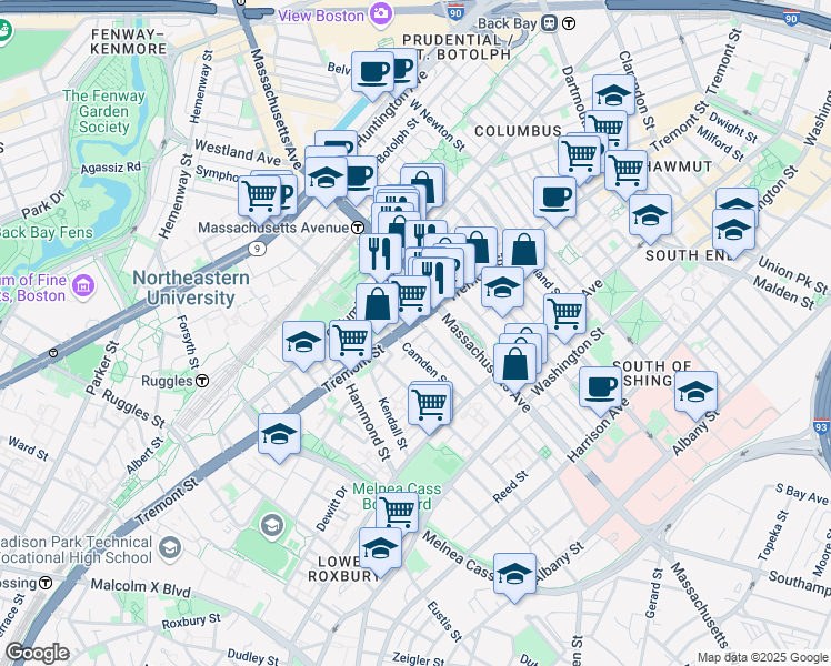 map of restaurants, bars, coffee shops, grocery stores, and more near in Boston