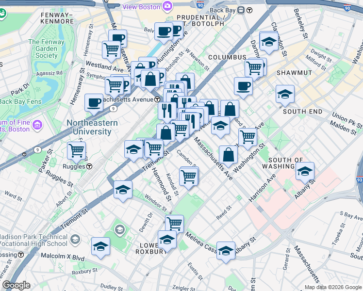 map of restaurants, bars, coffee shops, grocery stores, and more near 268-272 Northampton Street in Boston