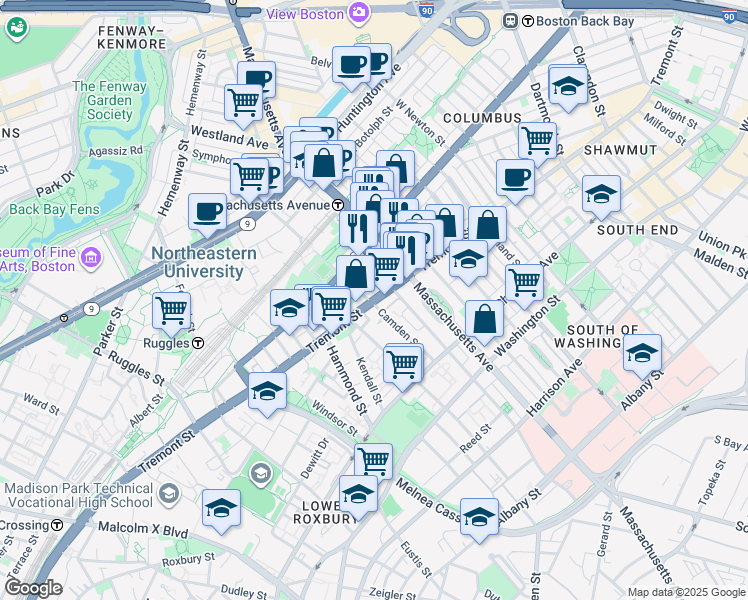 map of restaurants, bars, coffee shops, grocery stores, and more near 268-272 Northampton Street in Boston