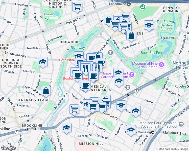 map of restaurants, bars, coffee shops, grocery stores, and more near 350 Brookline Avenue in Boston