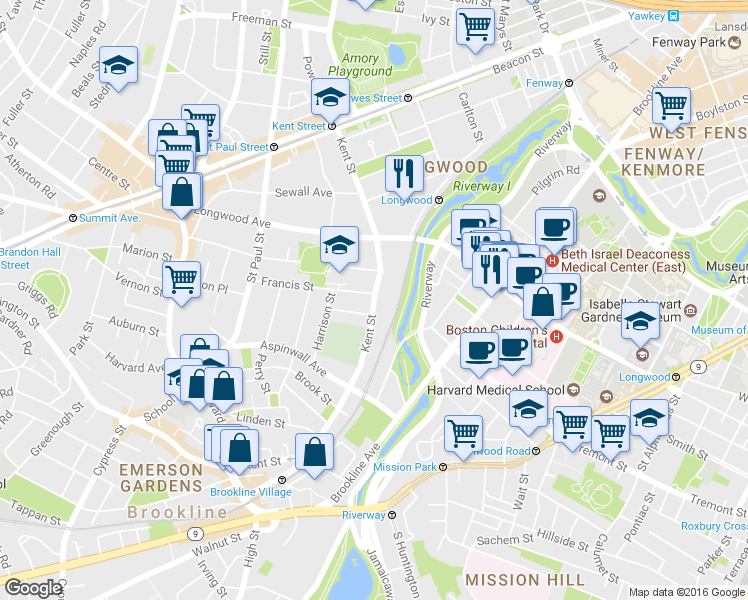 map of restaurants, bars, coffee shops, grocery stores, and more near 241 Kent Street in Brookline