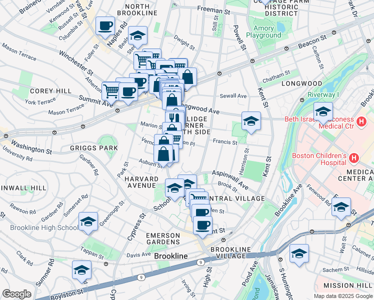 map of restaurants, bars, coffee shops, grocery stores, and more near 36 Alton Place in Brookline