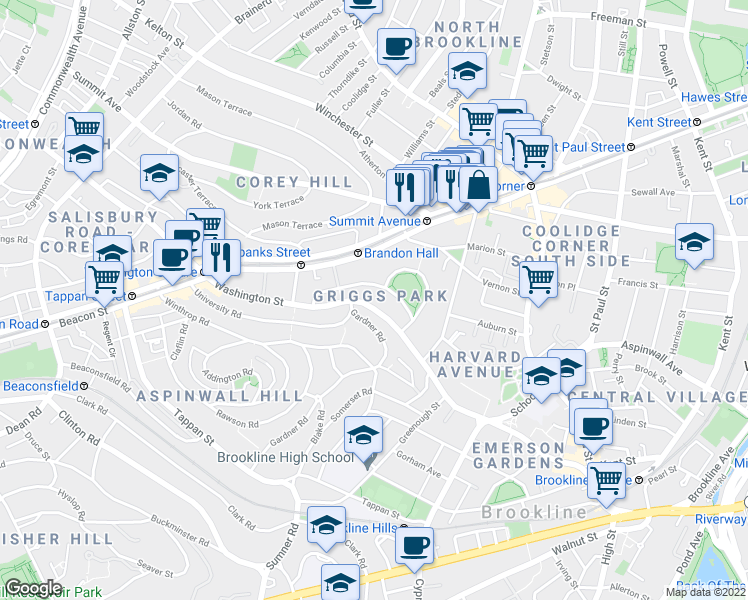 map of restaurants, bars, coffee shops, grocery stores, and more near 75 Griggs Road in Brookline