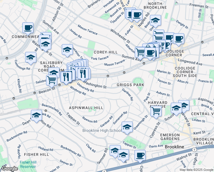 map of restaurants, bars, coffee shops, grocery stores, and more near in Brookline