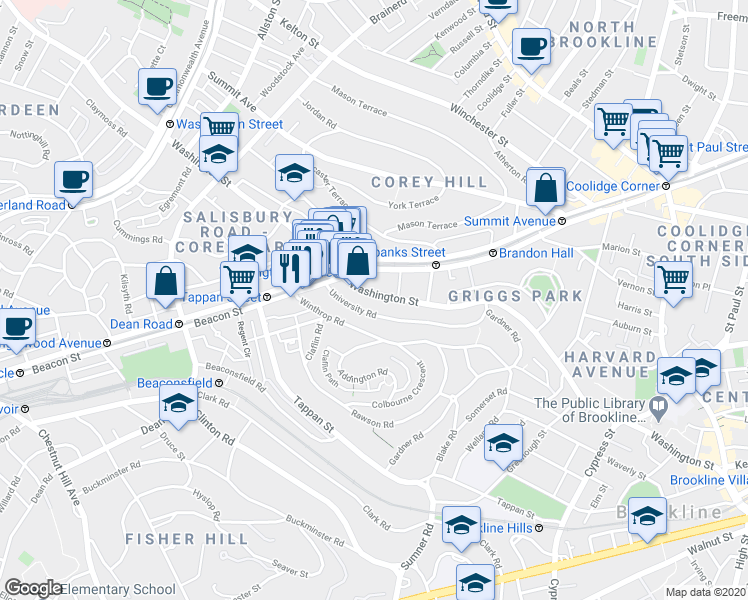map of restaurants, bars, coffee shops, grocery stores, and more near in Brookline