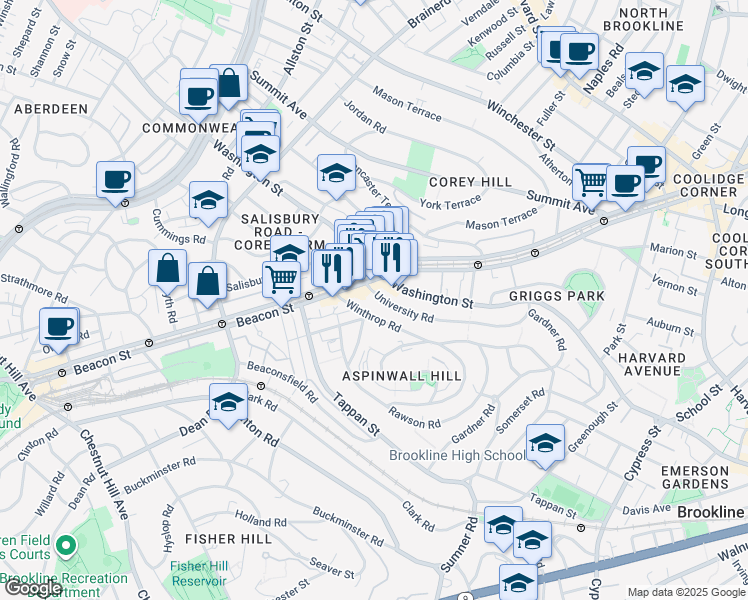 map of restaurants, bars, coffee shops, grocery stores, and more near in Brookline