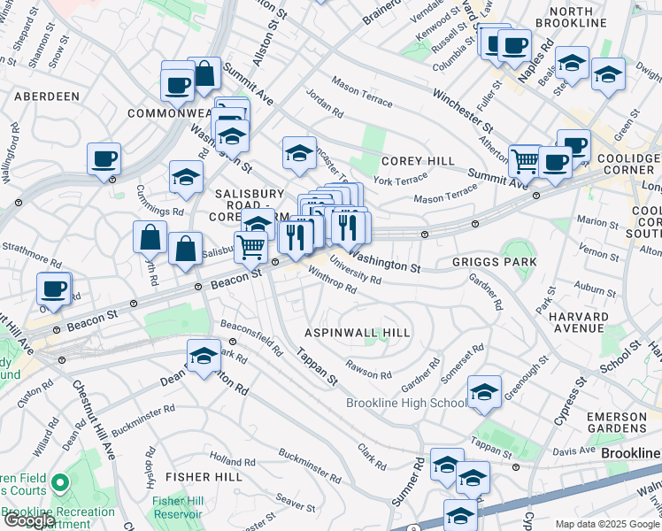 map of restaurants, bars, coffee shops, grocery stores, and more near in Brookline