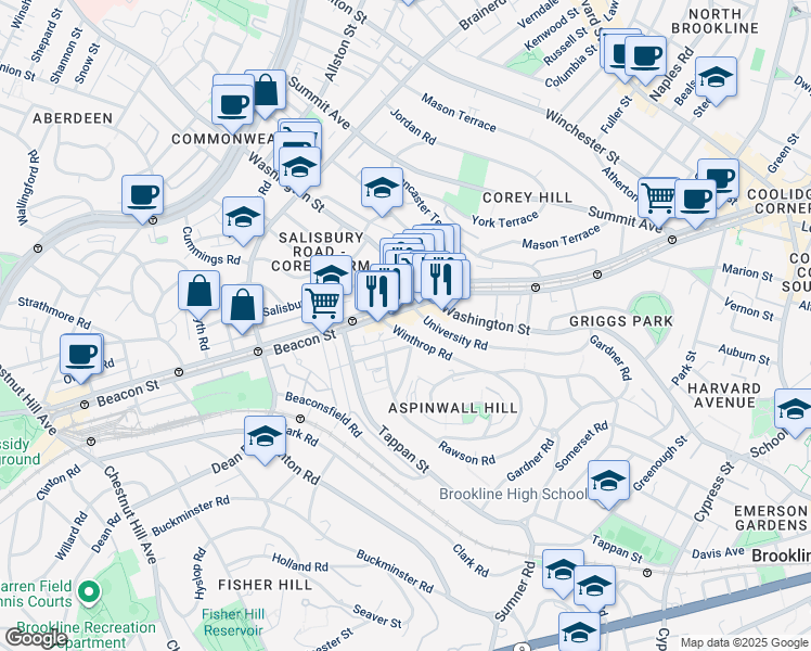 map of restaurants, bars, coffee shops, grocery stores, and more near in Brookline