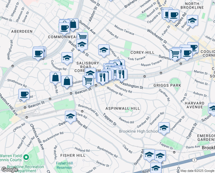 map of restaurants, bars, coffee shops, grocery stores, and more near in Brookline