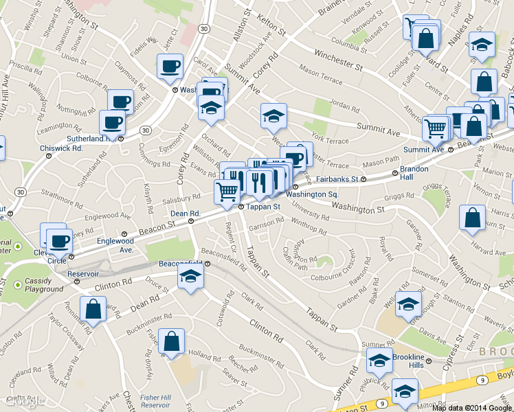 map of restaurants, bars, coffee shops, grocery stores, and more near 1674 Beacon Street in Brookline