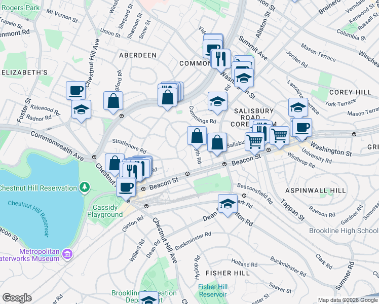 map of restaurants, bars, coffee shops, grocery stores, and more near 38 Kilsyth Road in Brookline