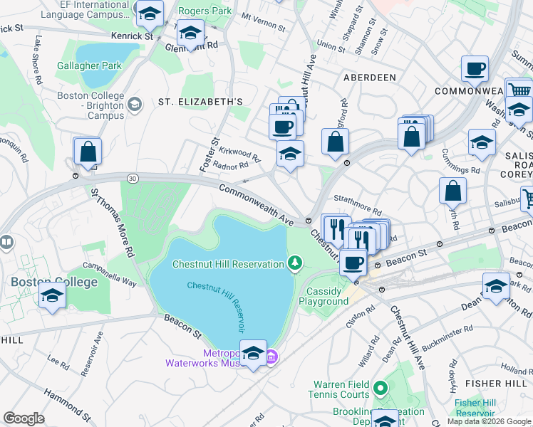 map of restaurants, bars, coffee shops, grocery stores, and more near 1931 Commonwealth Avenue in Boston