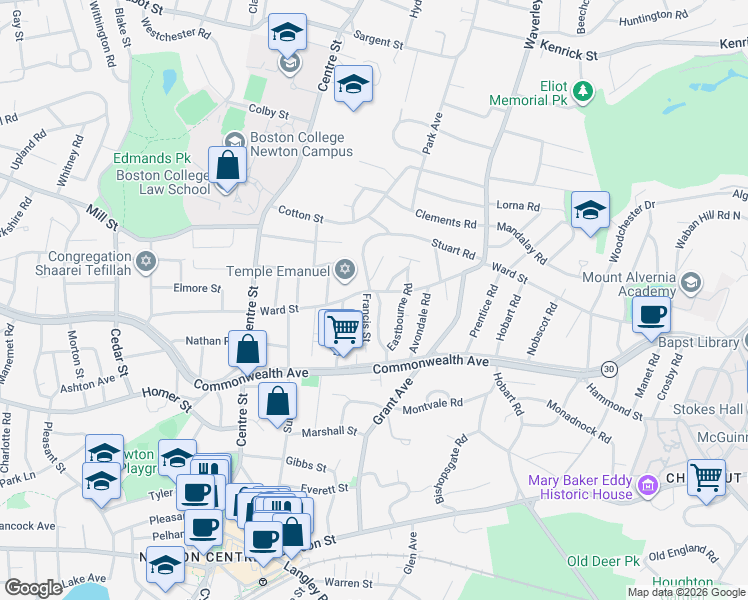 map of restaurants, bars, coffee shops, grocery stores, and more near 27 Coolidge Road in Newton