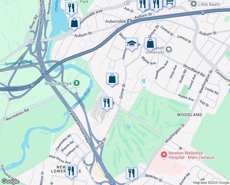 map of restaurants, bars, coffee shops, grocery stores, and more near 269 Grove Street in Newton
