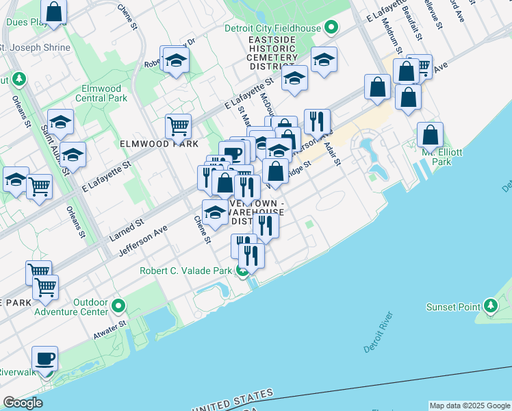 map of restaurants, bars, coffee shops, grocery stores, and more near 2902 Woodbridge Street in Detroit