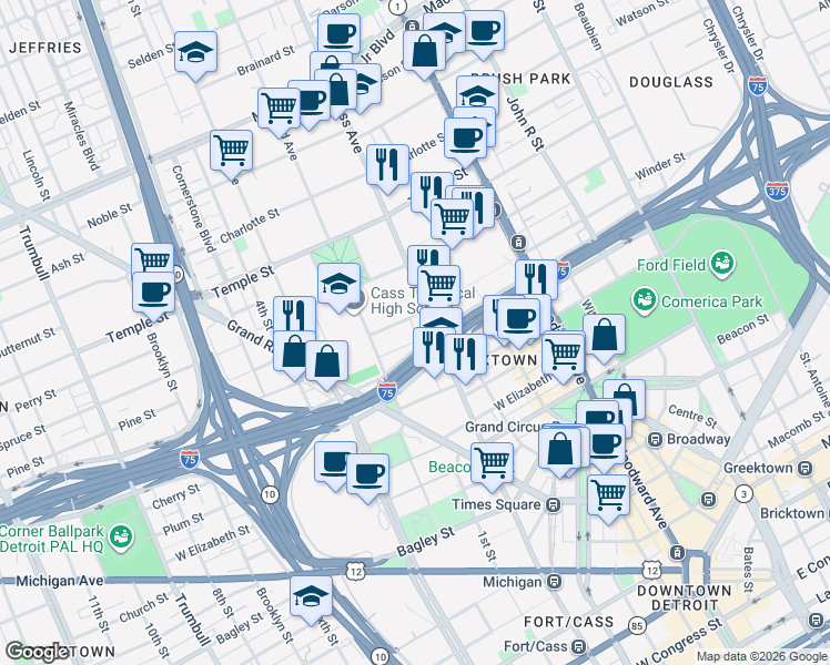map of restaurants, bars, coffee shops, grocery stores, and more near 448 Henry Street in Detroit