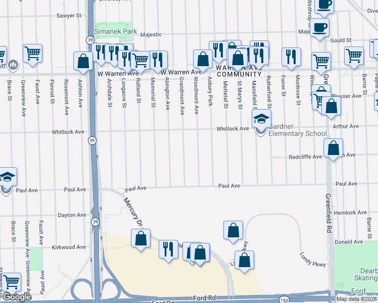 map of restaurants, bars, coffee shops, grocery stores, and more near 6492 Grandmont Avenue in Detroit