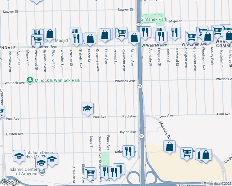 map of restaurants, bars, coffee shops, grocery stores, and more near 6515 Penrod Street in Detroit