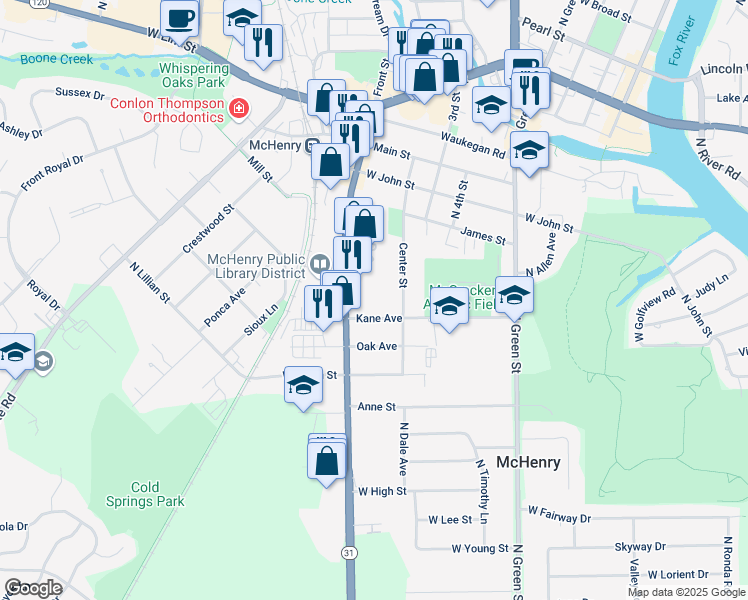 map of restaurants, bars, coffee shops, grocery stores, and more near 807 North Southgate Street in McHenry