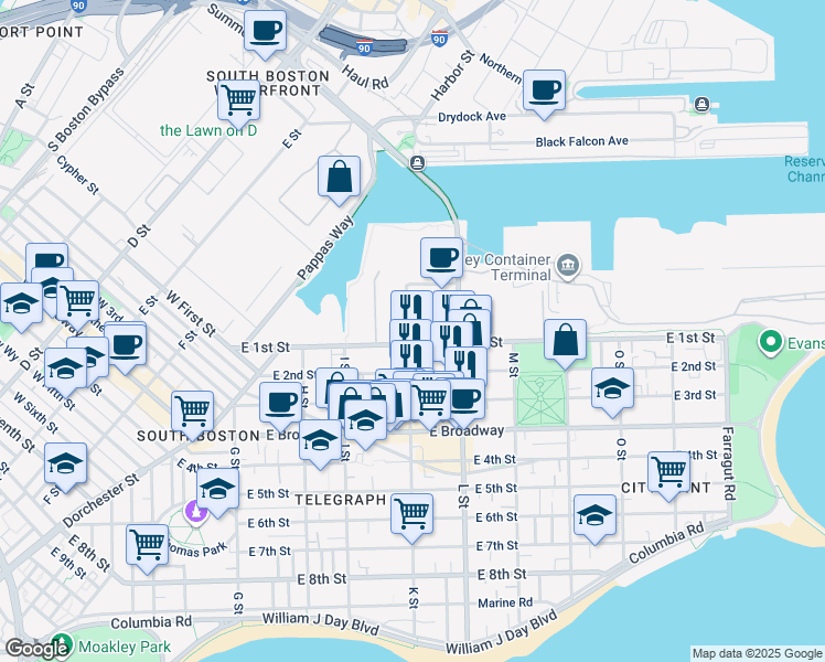 map of restaurants, bars, coffee shops, grocery stores, and more near 22 Elkins Street in Boston