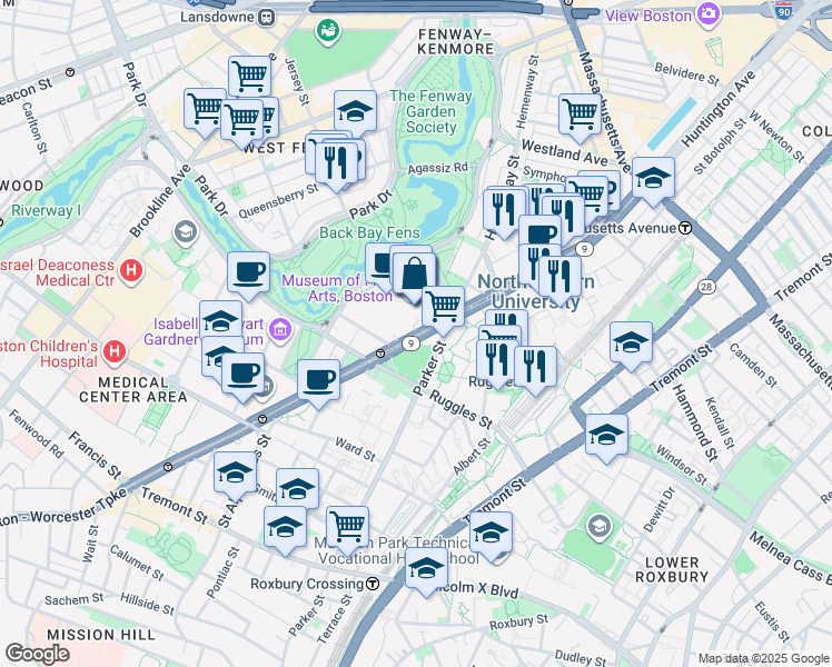map of restaurants, bars, coffee shops, grocery stores, and more near Huntington Avenue in Boston