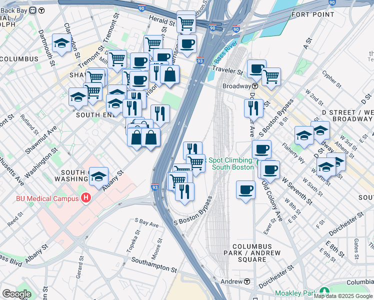 map of restaurants, bars, coffee shops, grocery stores, and more near 93 Frontage Road in Boston