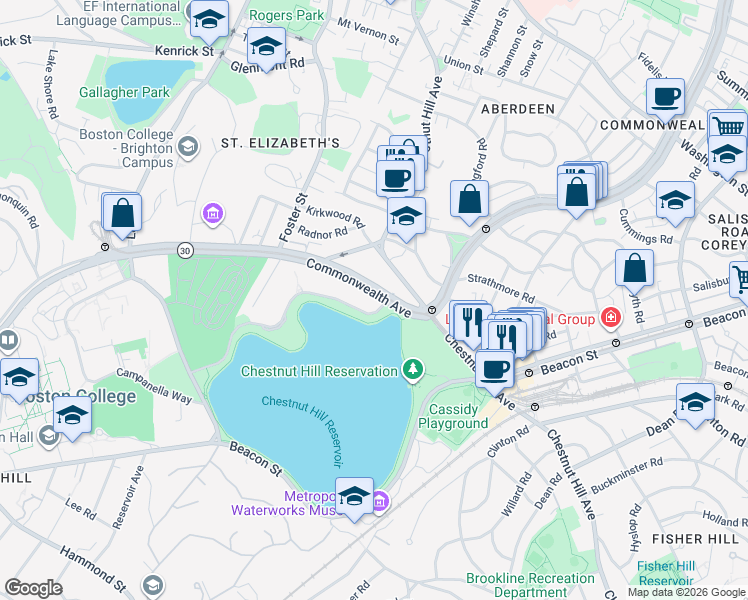 map of restaurants, bars, coffee shops, grocery stores, and more near 1940 Commonwealth Avenue in Boston