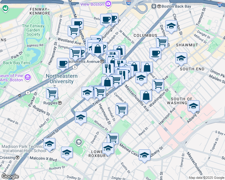 map of restaurants, bars, coffee shops, grocery stores, and more near 268-272 Northampton Street in Boston