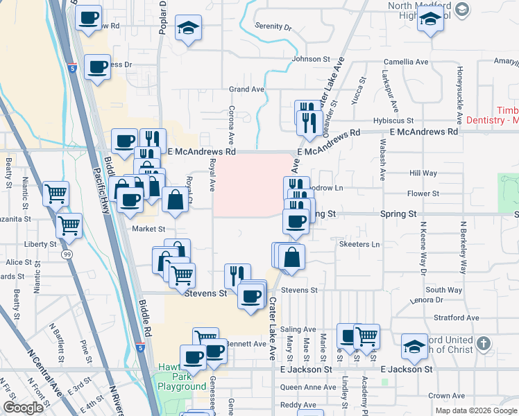 map of restaurants, bars, coffee shops, grocery stores, and more near 1111 Crater Lake Avenue in Medford