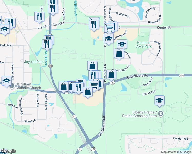 map of restaurants, bars, coffee shops, grocery stores, and more near Unnamed Road in Grayslake