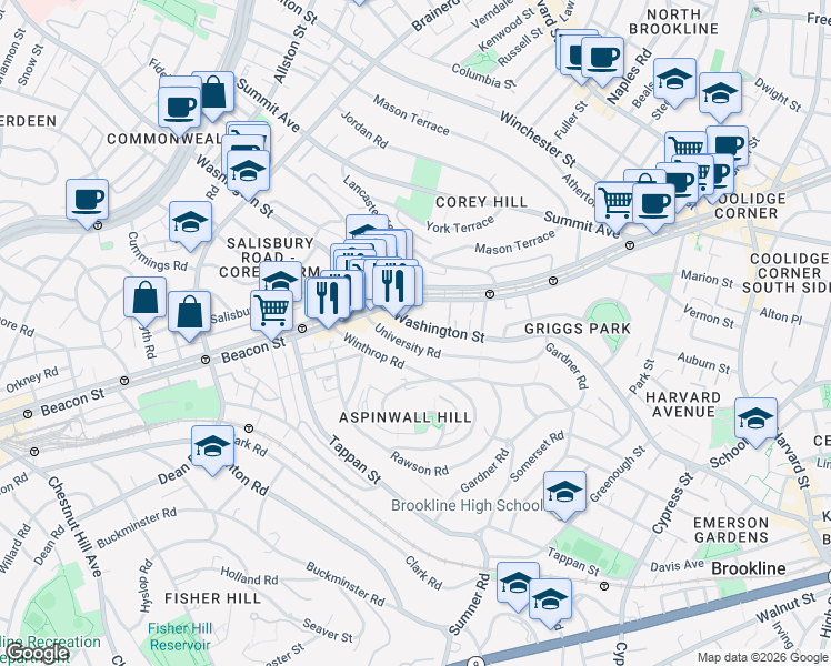 map of restaurants, bars, coffee shops, grocery stores, and more near in Brookline
