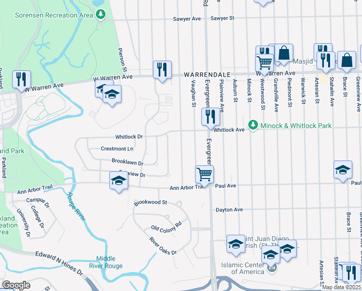 map of restaurants, bars, coffee shops, grocery stores, and more near 6765 Heyden in Dearborn Heights
