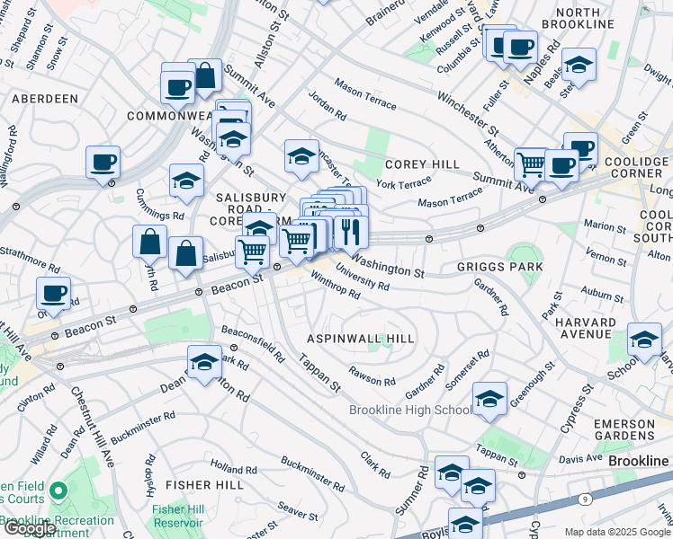 map of restaurants, bars, coffee shops, grocery stores, and more near 1629 Beacon Street in Brookline
