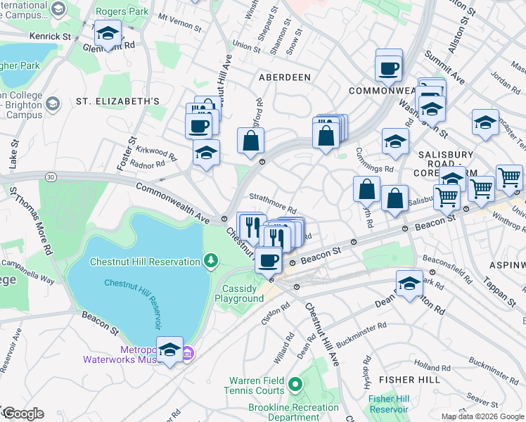 map of restaurants, bars, coffee shops, grocery stores, and more near 104 Strathmore Road in Boston
