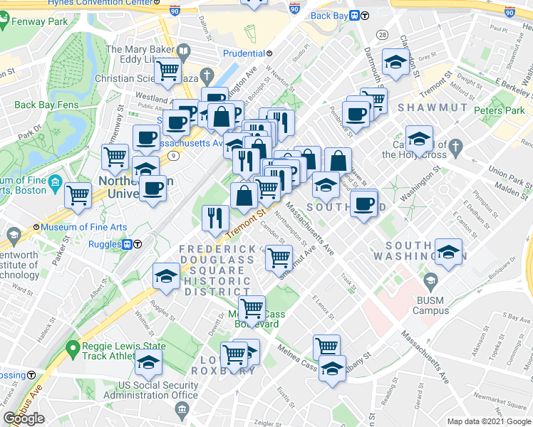 map of restaurants, bars, coffee shops, grocery stores, and more near 268-272 Northampton Street in Boston