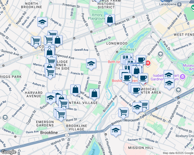 map of restaurants, bars, coffee shops, grocery stores, and more near 15 Francis Street in Brookline