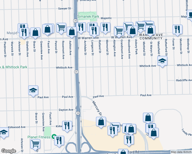 map of restaurants, bars, coffee shops, grocery stores, and more near 6499 Rutland Street in Detroit