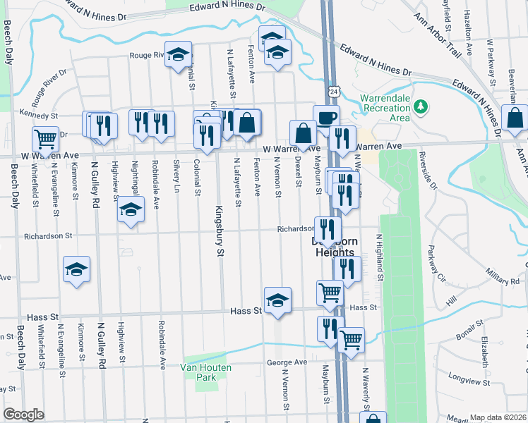 map of restaurants, bars, coffee shops, grocery stores, and more near 6881 North Vernon Street in Dearborn Heights