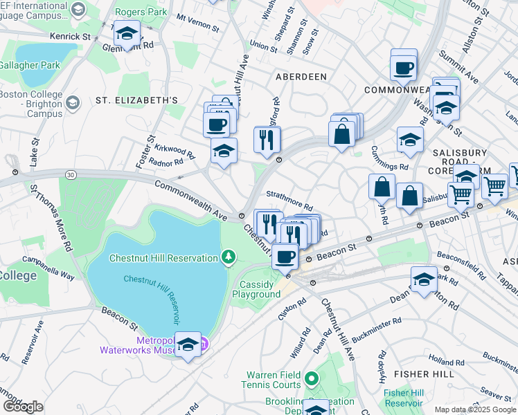 map of restaurants, bars, coffee shops, grocery stores, and more near 1848 Commonwealth Avenue in Boston