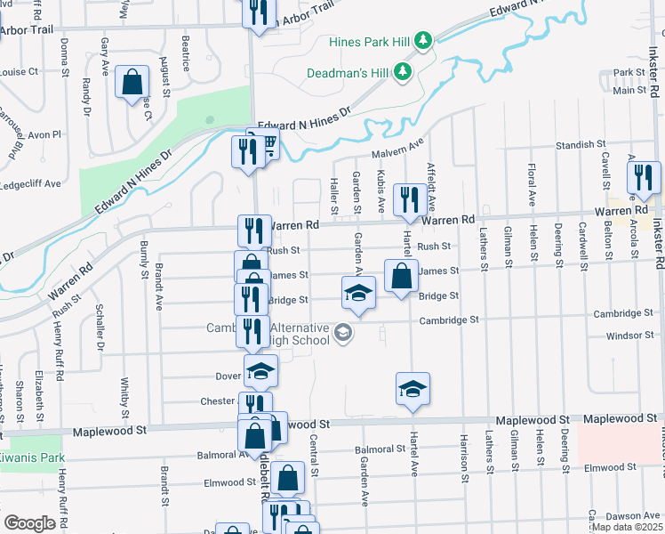 map of restaurants, bars, coffee shops, grocery stores, and more near 29005 Rush Street in Garden City