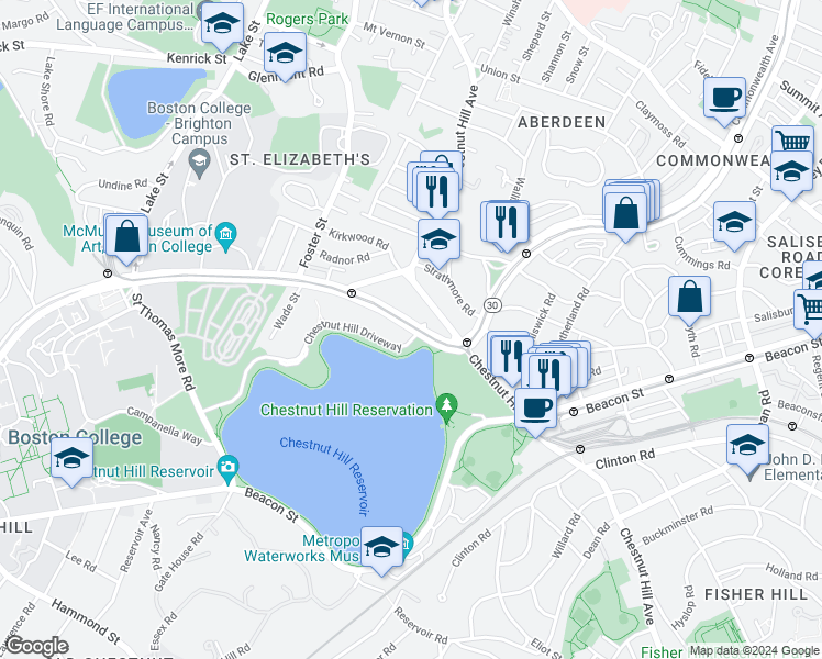 map of restaurants, bars, coffee shops, grocery stores, and more near 1940 Commonwealth Ave in Boston