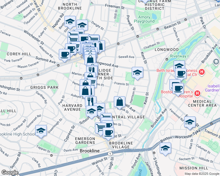 map of restaurants, bars, coffee shops, grocery stores, and more near 65 Saint Paul Street in Brookline