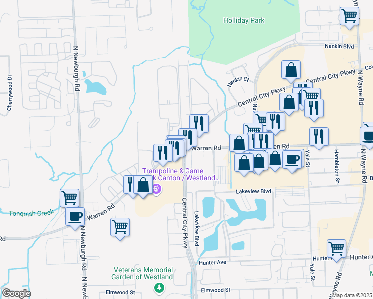 map of restaurants, bars, coffee shops, grocery stores, and more near Warren Rd & Central City Pkwy in Westland