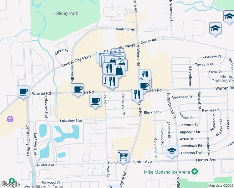map of restaurants, bars, coffee shops, grocery stores, and more near 35052 Warren Road in Westland