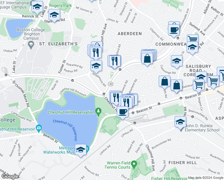 map of restaurants, bars, coffee shops, grocery stores, and more near 1860 Commonwealth Avenue in Boston