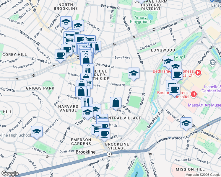 map of restaurants, bars, coffee shops, grocery stores, and more near 65 Saint Paul Street in Brookline