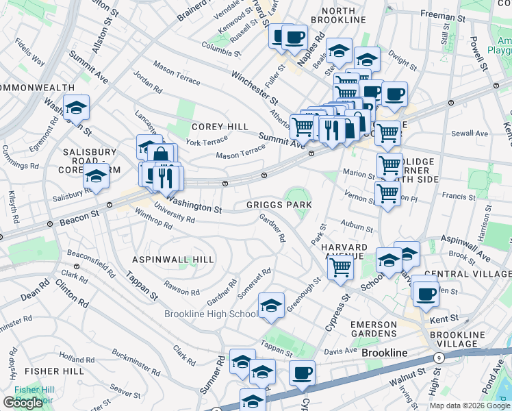 map of restaurants, bars, coffee shops, grocery stores, and more near 75 Griggs Road in Brookline