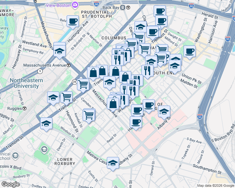 map of restaurants, bars, coffee shops, grocery stores, and more near 97 West Concord Street in Boston