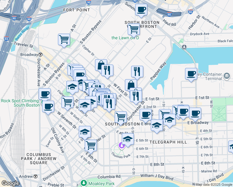 map of restaurants, bars, coffee shops, grocery stores, and more near 333 West First Street in Boston